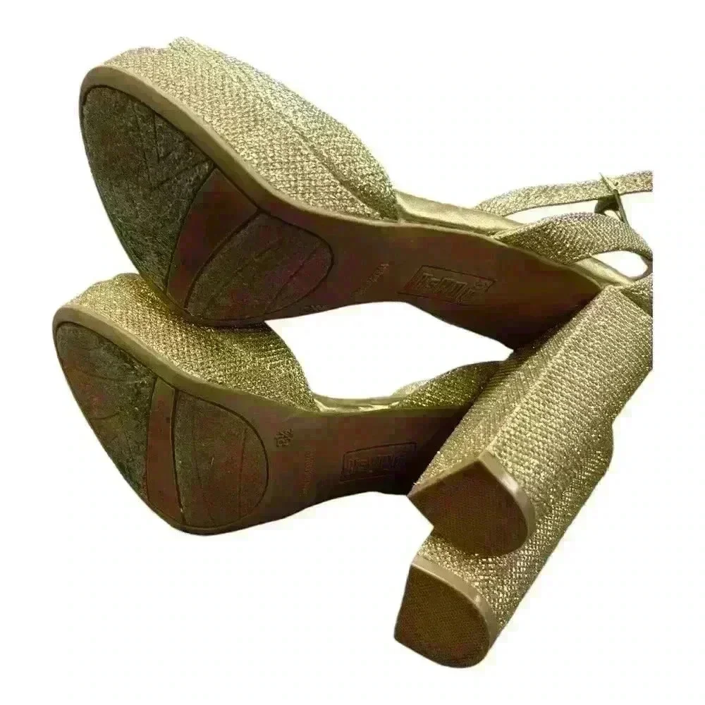 Brash Shoes Womens Sz 8.5 Gold Sparkle 4.5”High Heel Open Toe Strappy Platform